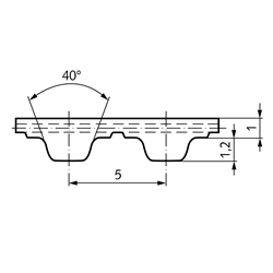 PU-Zahnriemen Profil T5 Breite 16mm Wirklänge 185mm Zähnezahl 37 16 T5/185 , Technische Zeichnung