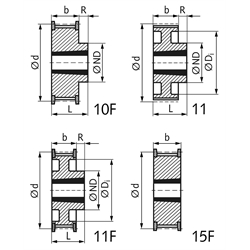 Zahnriemenrad aus Stahl Profil AT10 72 Zähne für Riemenbreite 16mm für Taper-Spannbuchse 2517, Technische Zeichnung