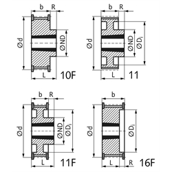 Zahnriemenrad aus Stahl Profil T10 18 Zähne für Riemenbreite 25mm für Taper-Spannbuchse 1008, Technische Zeichnung