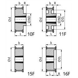 Zahnriemenrad aus Stahl Profil T10 18 Zähne für Riemenbreite 32mm für Taper-Spannbuchse 1008, Technische Zeichnung