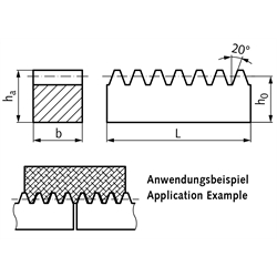 Montagehilfe für Zahnstangen Stahl C45K Modul 4 Zahnbreite 30mm Höhe 40mm Länge ca. 162mm, Technische Zeichnung