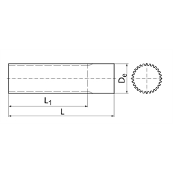 Zahnwelle Teilung XL (5,08mm) 38 Zähne Länge 160mm Material Aluminium , Technische Zeichnung