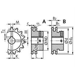 Zweifach-Kettenrad ZRF mit einseitiger Nabe 08 B-2 11 Zähne Bohrung 15H7 Passfedernut DIN 6885/1 2 Stellschraubengewinde Material Stahl Zähne induktiv gehärtet, Technische Zeichnung