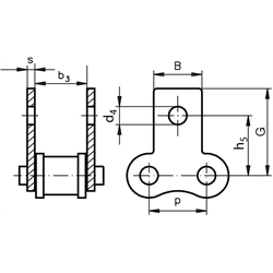 Rostfreies Federverschlussglied mit beidseitiger Flachlasche 16 B-1-M1 Edelstahl 1.4301, Technische Zeichnung